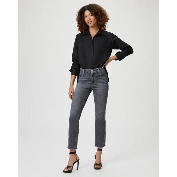 Paige Cindy Straight Jeans in Ash Black Size 34 – Raw Hem, Premium Stretch Denim - Picture 3 of 13